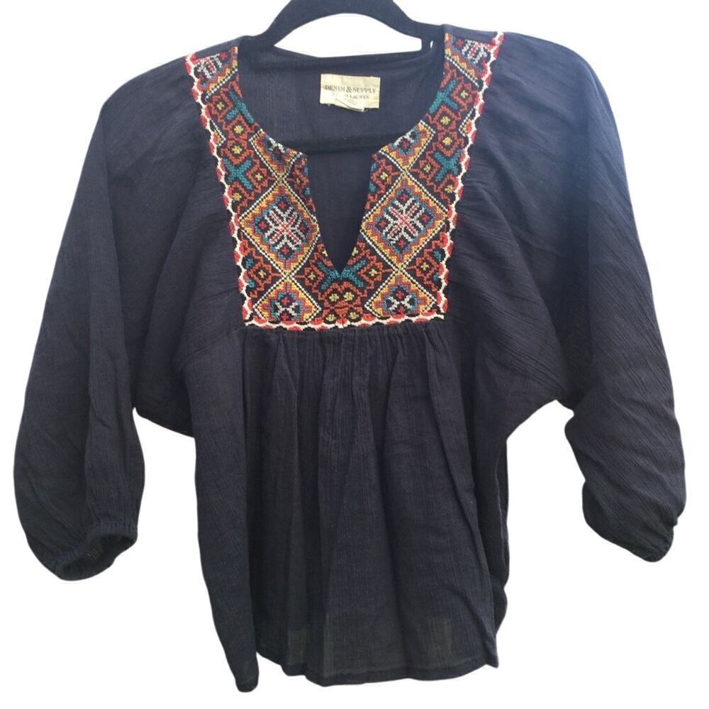Denim & Supply peasant top womens XS TP navy blue embroidered shirt Ralph Lauren